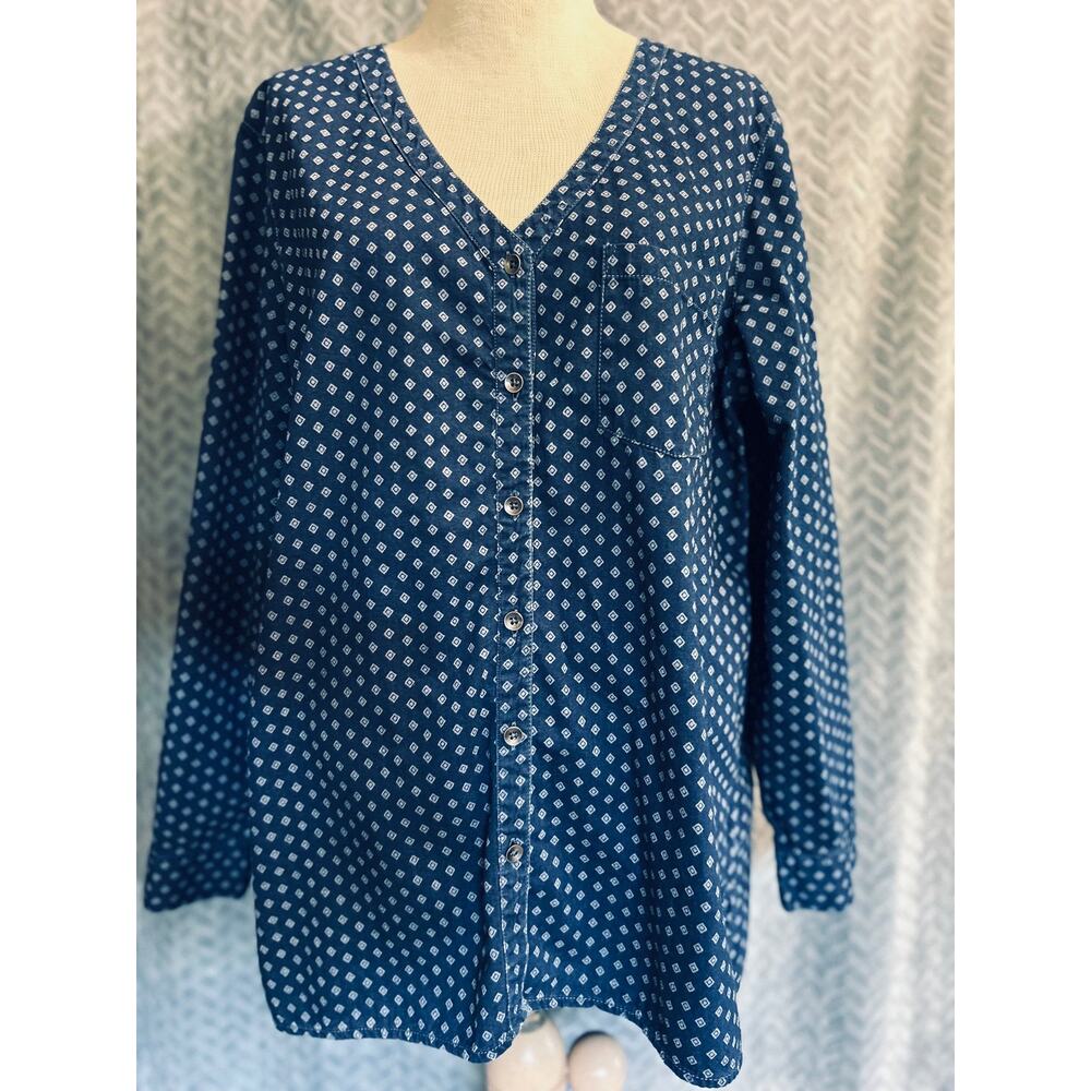 J Jill Womens M Denim Blue V Neck Button Front Top Roll Tab Long Sleeve Coastal
